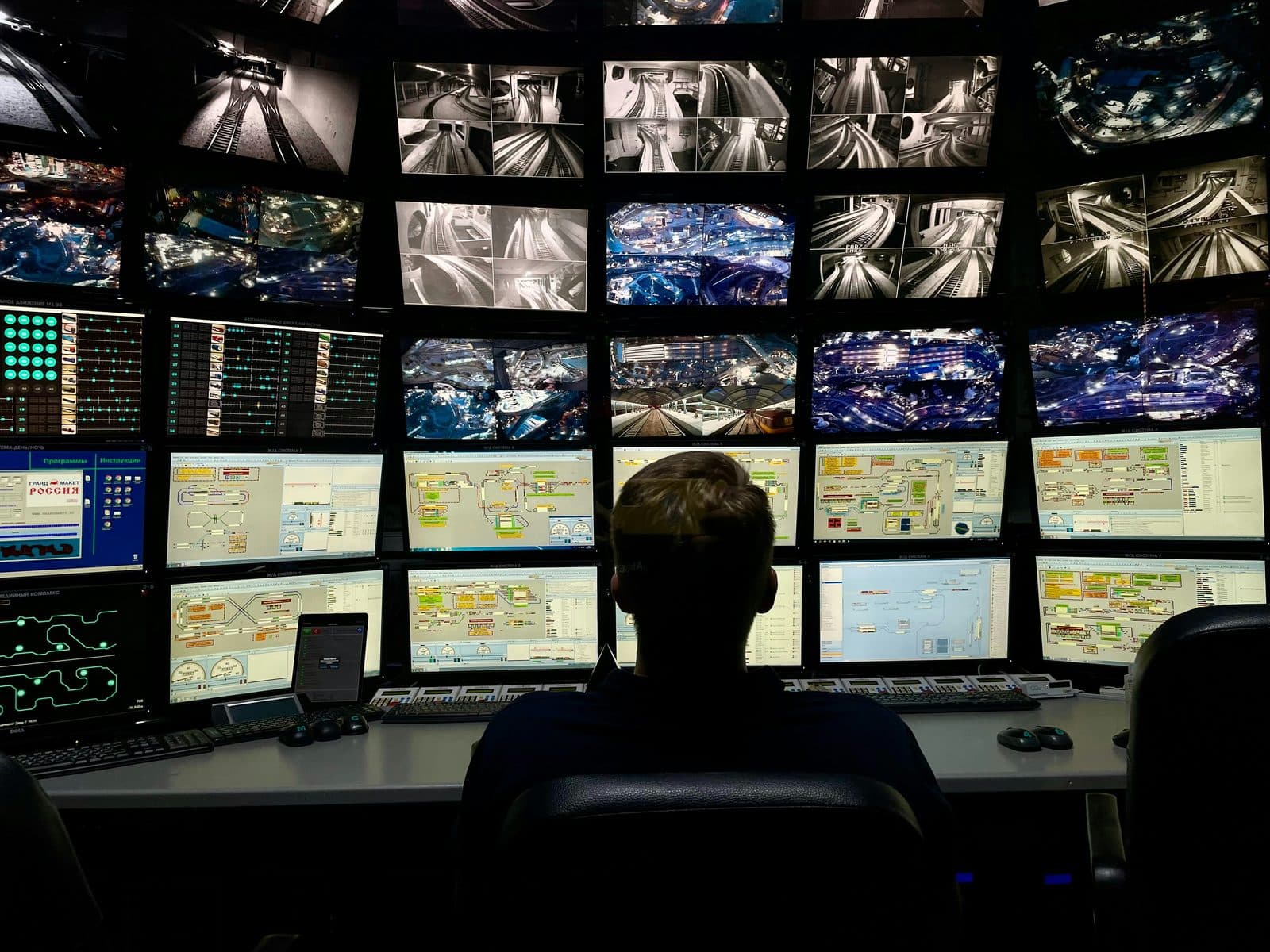 CCTV surveillance control room with a wall of monitors